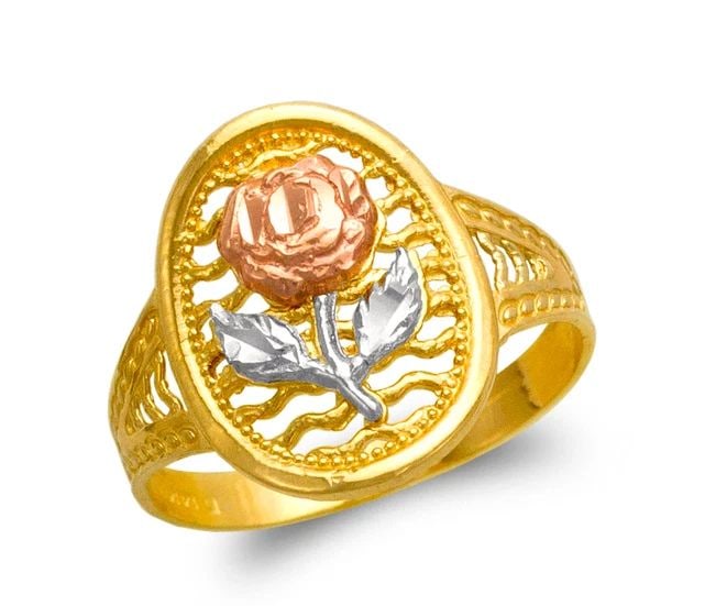 NEW 14K TRICOLOR GOLD LADIES ROSE FILIGREE RING: NEW 14K TRICOLOR GOLD LADIES ROSE FILIGREE RING LADIES ROSE FILIGREE RING NEW 14K TRICOLOR GOLD SIZE Apx: 17mm Apx. WEIGHT: 2.4g