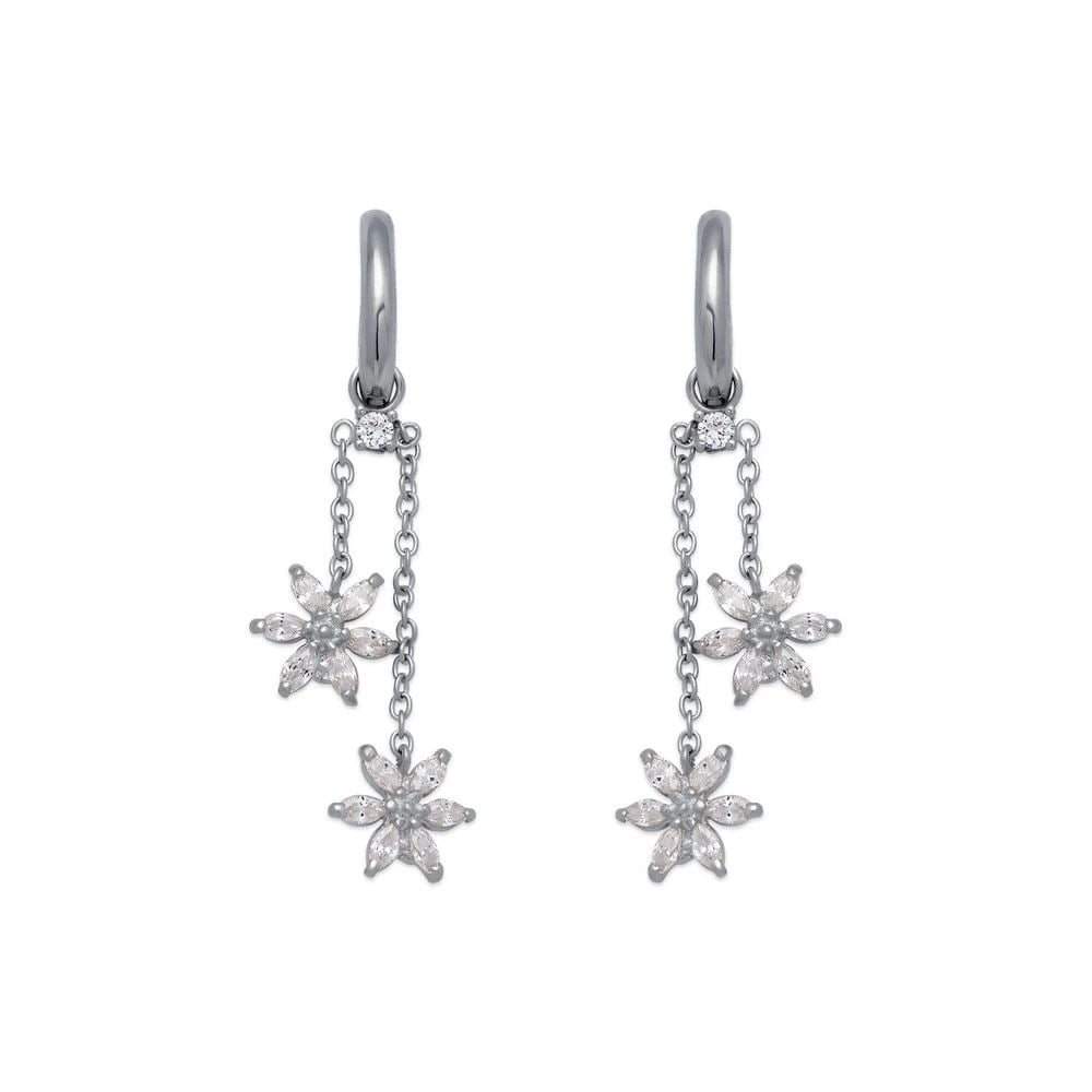 NEW 14K WHITE GOLD FANCY DOUBLE FLOWER DANGLING EARRINGS: NEW 14K WHITE GOLD FANCY DOUBLE FLOWER DANGLING EARRINGS FANCY DOUBLE FLOWER DANGLING EARRINGS NEW 14K WHITE GOLD Width: Approx. 12x40mm Apx WEIGHT: 2.4g
