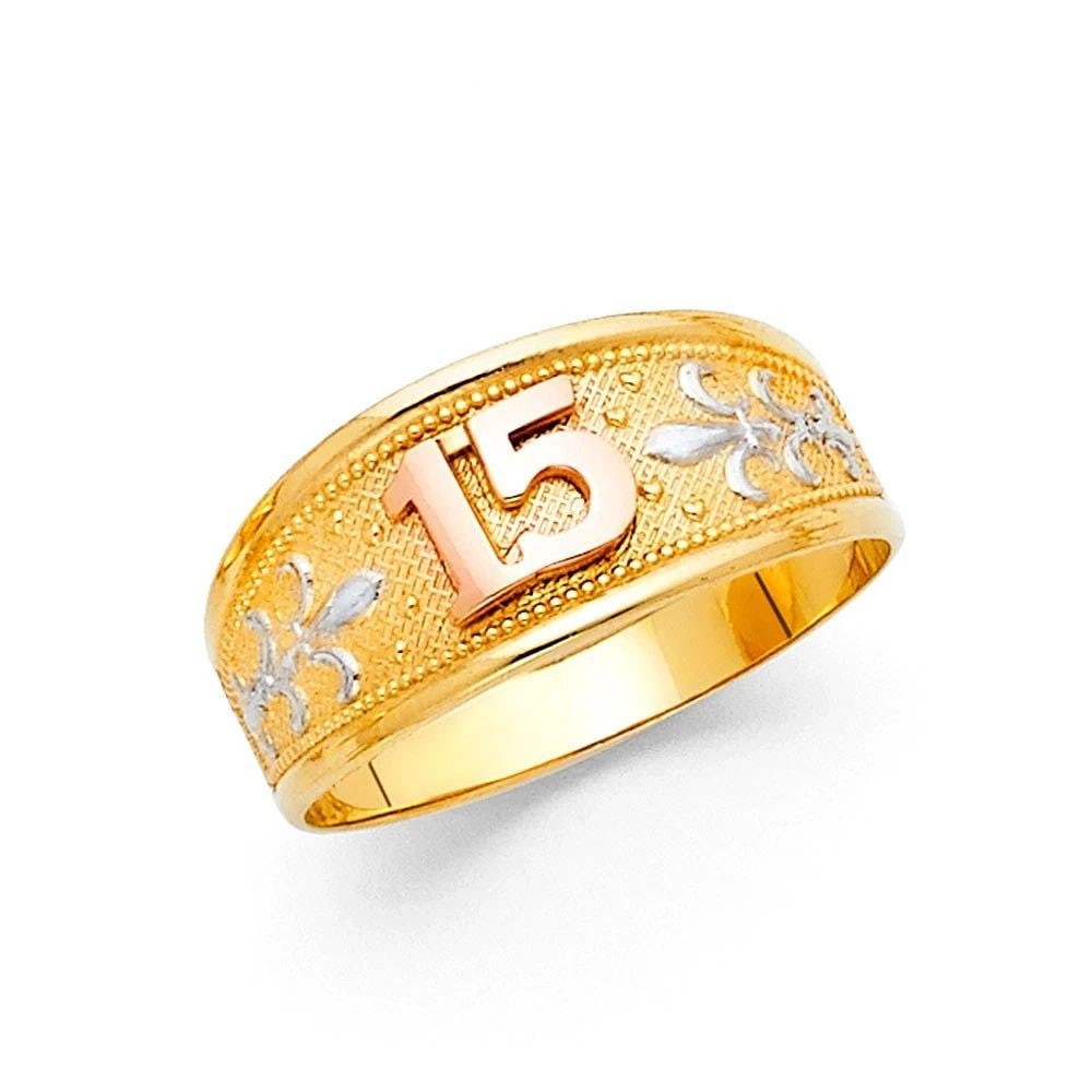 NEW 14K TRI COLOR GOLD 15 YEARS RING: NEW 14K TRI COLOR GOLD 15 YEARS RING 15 YEARS RING NEW 14K TRI COLOR GOLD WIDTH: 8 mm Apx. WEIGHT: 2.4g