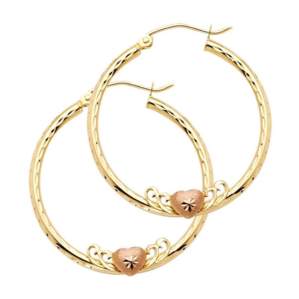 NEW 14K TWO TONE GOLD 2MM ROUND HOOP EARRINGS WITH HERAT (30MM) (1 of 1)