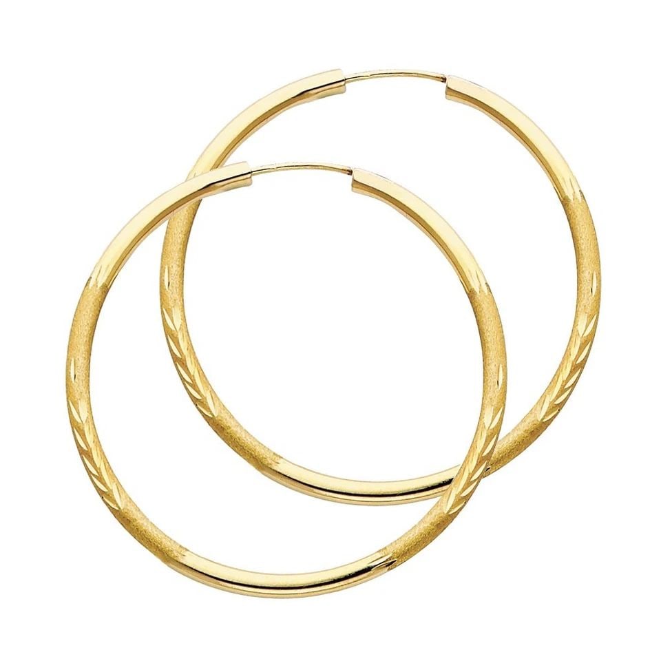 NEW 14K YELLOW GOLD 2MM BUDDED DC ENDLESS HOOP EARRINGS (40MM): NEW 14K YELLOW GOLD 2MM BUDDED DC ENDLESS HOOP EARRINGS (40MM) 2MM BUDDED DC ENDLESS HOOP EARRINGS (40MM) NEW 14K YELLOW GOLD HEIGHT - 40 mm WIDTH - 40 mm Apx WEIGHT - 1.8 g