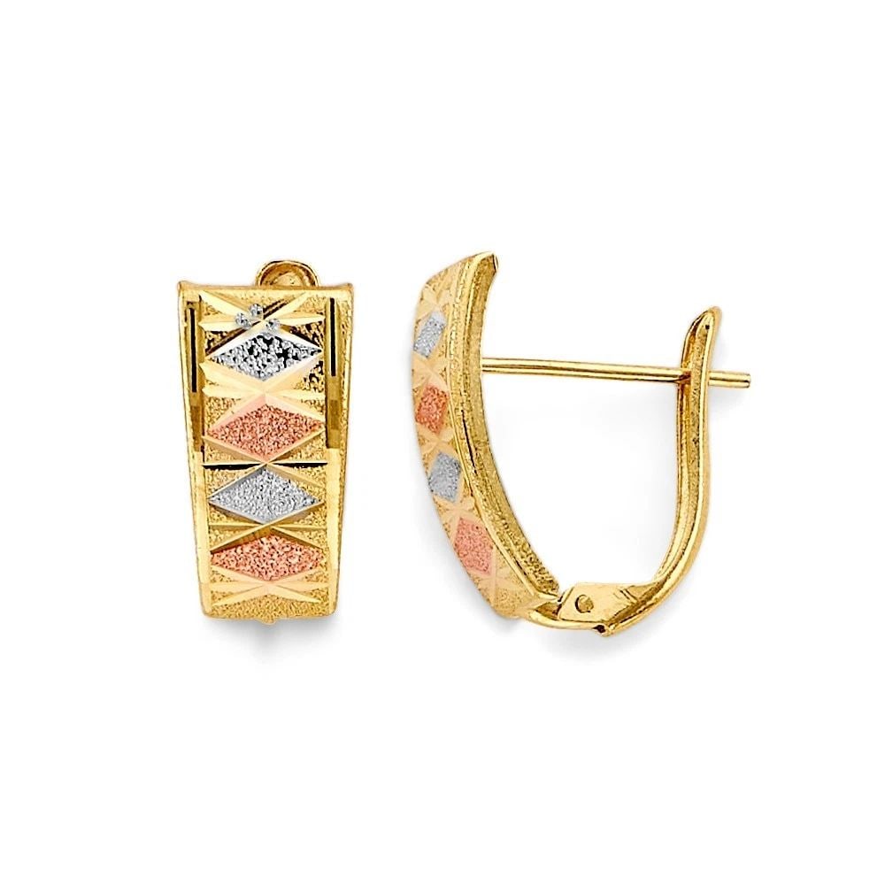 NEW 14K TRI COLOR GOLD HALF HUGGIES EARRINGS: NEW 14K TRI COLOR GOLD HALF HUGGIES EARRINGS HALF HUGGIES EARRINGS NEW 14K TRI COLOR GOLD HEIGHT - 17 mm WIDTH - 15 mm Apx WEIGHT - 1.7 g