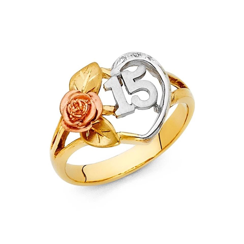 NEW 14K TRI COLOR GOLD 15 YEARS RING: NEW 14K TRI COLOR GOLD 15 YEARS RING 15 YEARS RING NEW 14K TRI COLOR GOLD WIDTH : 13 mm WEIGHT : 2.3g