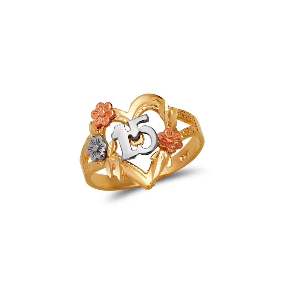 NEW 14K TRICOLOR GOLD LADIES 15 ANOS HEART FILIGREE RING: NEW 14K TRICOLOR GOLD LADIES 15 ANOS HEART FILIGREE RING LADIES 15 ANOS HEART FILIGREE RING NEW 14K TRICOLOR GOLD SIZE Apx: 14mm Apx. WEIGHT: 2.3g