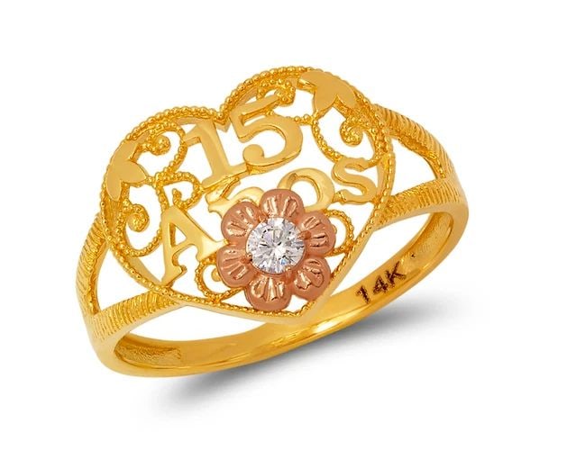 NEW 14K TWO TONE GOLD LADIES FILIGREE 15 ANOS RING: NEW 14K TWO TONE GOLD LADIES FILIGREE 15 ANOS RING LADIES FILIGREE 15 ANOS RING NEW 14K TWO TONE GOLD Apx. WIDTH: 13mm Apx. WEIGHT: 2.3g