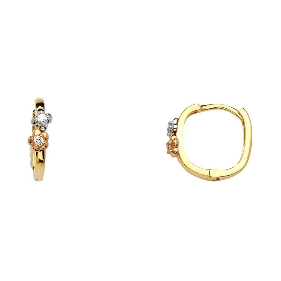 NEW 14K TRI COLOR GOLD FLOWER HUGGIES EARRINGS: NEW 14K TRI COLOR GOLD FLOWER HUGGIES EARRINGS FLOWER HUGGIES EARRINGS NEW 14K TRI COLOR GOLD HEIGHT - 12 mm WIDTH - 12 mm Apx WEIGHT - 1.7 g
