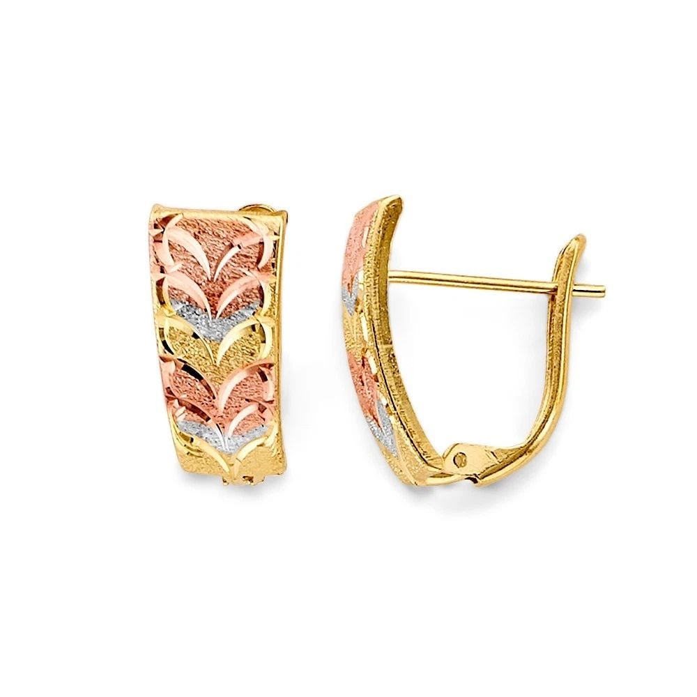 NEW 14K TRI COLOR GOLD HALF HUGGIES EARRINGS: NEW 14K TRI COLOR GOLD HALF HUGGIES EARRINGS HALF HUGGIES EARRINGS NEW 14K TRI COLOR GOLD HEIGHT - 17 mm WIDTH - 15 mm Apx WEIGHT - 1.7 g
