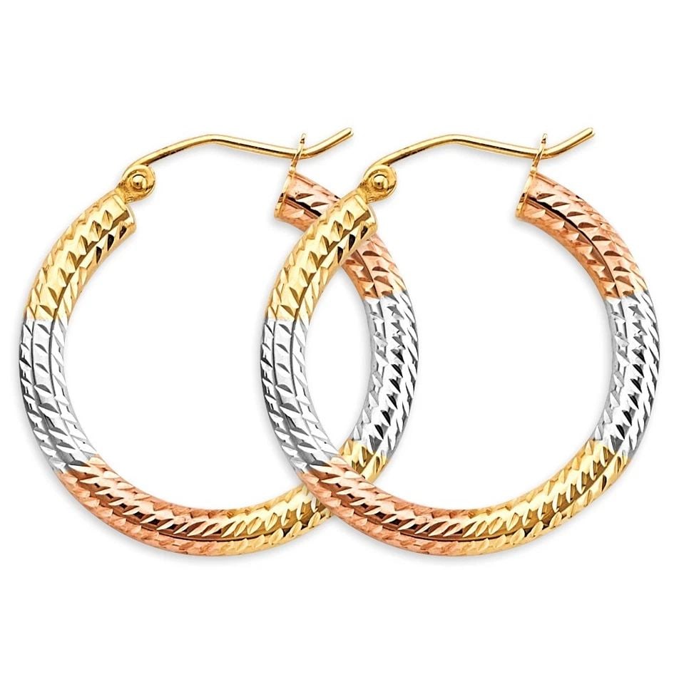 NEW 14K TRI COLOR GOLD 3MM TUBE DC HOOP EARRINGS: NEW 14K TRI COLOR GOLD 3MM TUBE DC HOOP EARRINGS 3MM TUBE DC HOOP EARRINGS NEW 14K TRI COLOR GOLD HEIGHT - 25 mm WIDTH - 25 mm Apx WEIGHT - 1.7 g