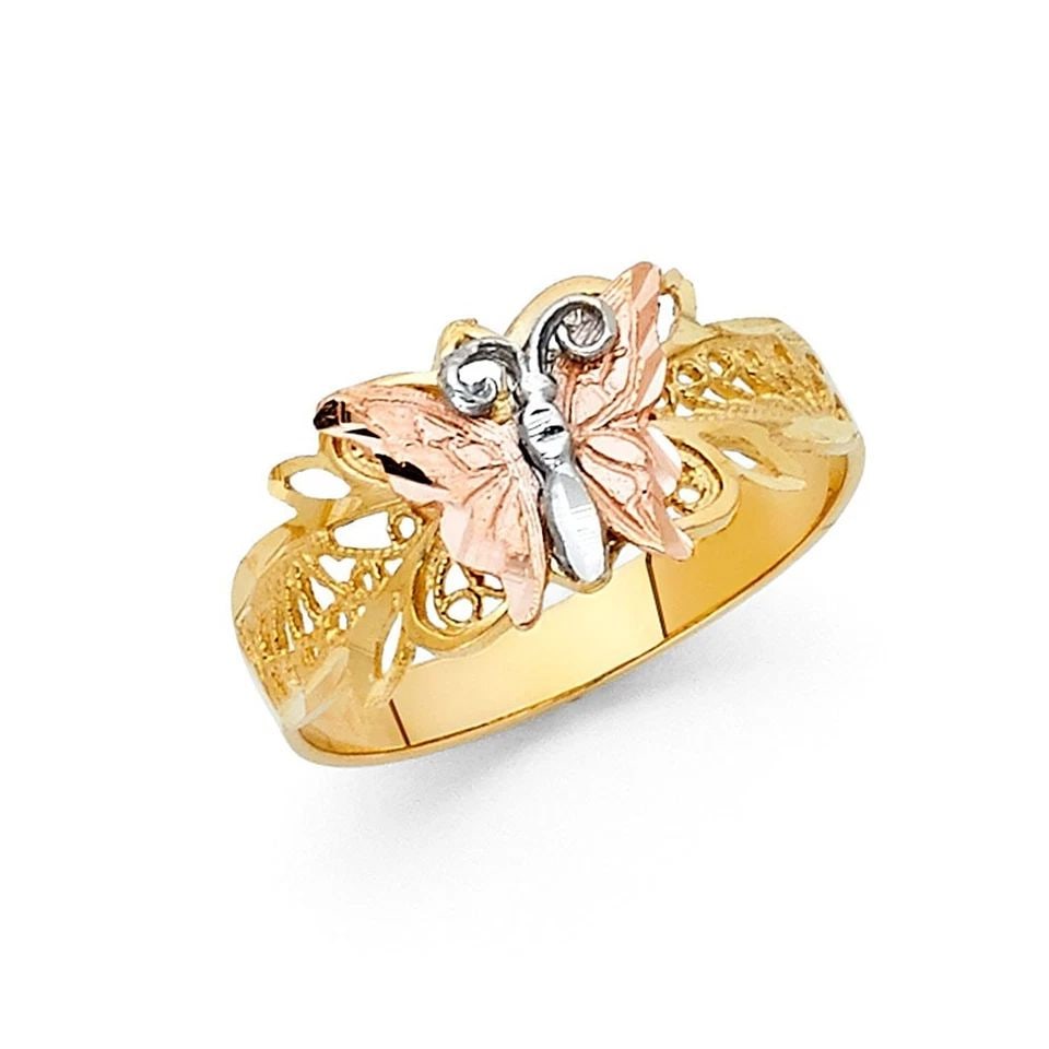 NEW 14K TRI COLOR GOLD FANCY BUTTERFLY RING: NEW 14K TRI COLOR GOLD FANCY BUTTERFLY RING FANCY BUTTERFLY RING NEW 14K TRI COLOR GOLD WIDTH : 10 mm WEIGHT : 2.3g
