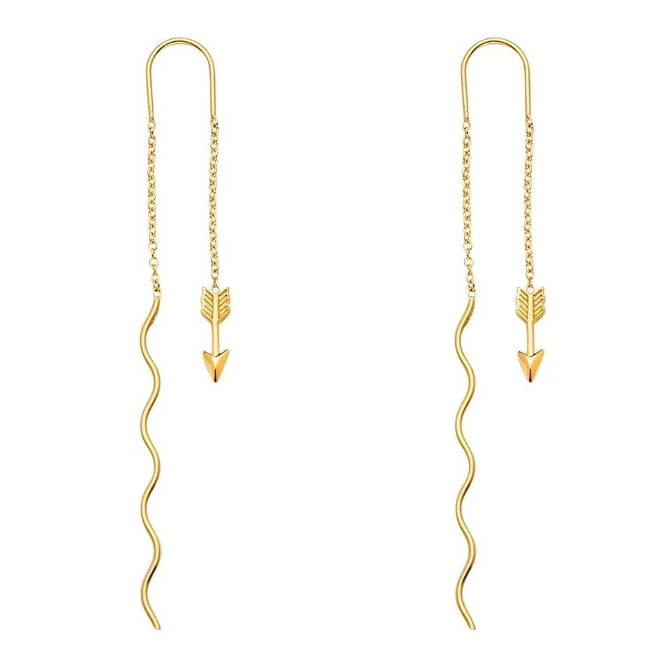 NEW 14K YELLOW GOLD ARROW FRONT & BACK DANGLE EARRINGS (1 of 1)