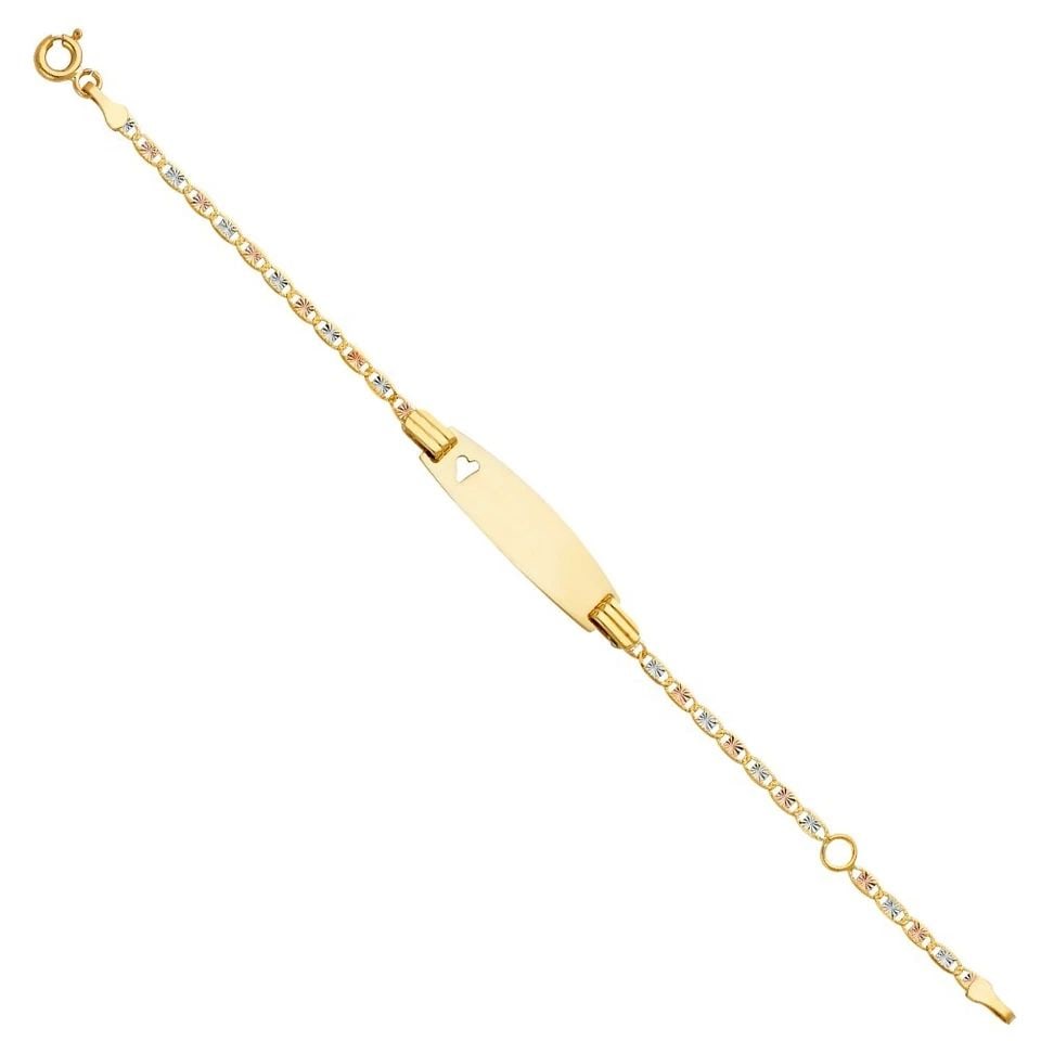 NEW 14K VALENTINO TRI COLOR ST DC BB OVAL ID WITH HEART BRACELET: NEW 14K VALENTINO TRI COLOR GOLD ST DC BB OVAL ID WITH HEART BRACELET VALENTINO ST DC BB OVAL ID WITH HEART BRACELET NEW 14K TRI COLOR GOLD LENGTH - 5+1in Apx WEIGHT - 2.2g