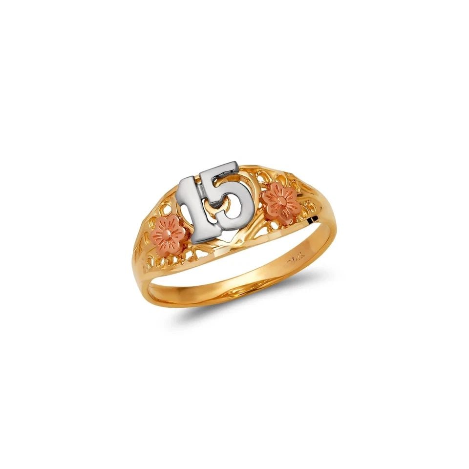 NEW 14K TRICOLOR GOLD LADIES 15 ANOS FILIGREE RING: NEW 14K TRICOLOR GOLD LADIES 15 ANOS FILIGREE RING LADIES 15 ANOS FILIGREE RING NEW 14K TRICOLOR GOLD SIZE Apx: 8mm Apx. WEIGHT: 2.2g