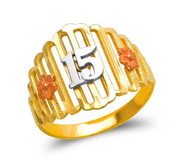 NEW 14K TRICOLOR GOLD LADIES 15 ANOS FILIGREE RING: NEW 14K TRICOLOR GOLD LADIES 15 ANOS FILIGREE RING LADIES 15 ANOS FILIGREE RING NEW 14K TRICOLOR GOLD SIZE Apx: 15mm Apx. WEIGHT: 2.2g