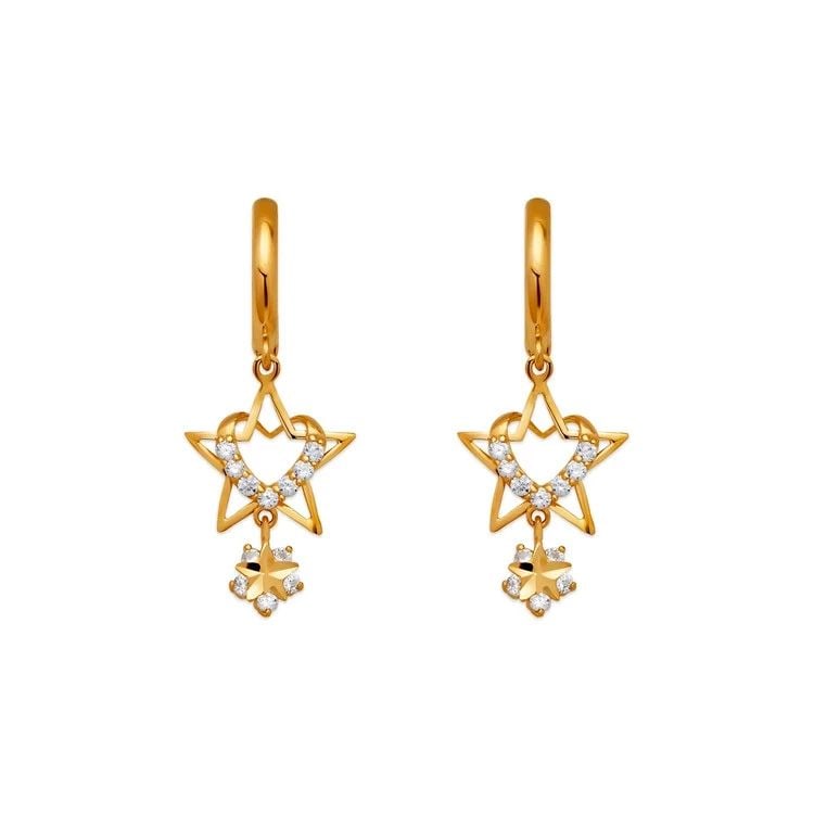 NEW 14K YELLOW GOLD FANCY HEART AND STAR EARRINGS: NEW 14K YELLOW GOLD FANCY HEART AND STAR EARRINGS FANCY HEART AND STAR EARRINGS NEW 14K YELLOW GOLD Width: Approx. 11x32mm Apx WEIGHT: 2.2g
