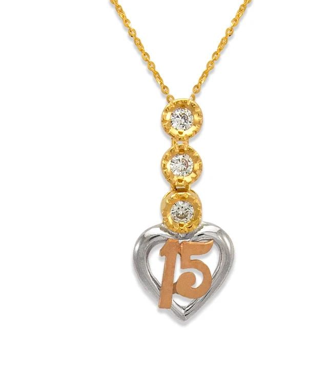 NEW 14K TRICOLOR GOLD FANCY 15 ANOS HEART PENDANT: NEW 14K TRICOLOR GOLD FANCY 15 ANOS HEART PENDANT FANCY 15 ANOS HEART PENDANT NEW 14K TRICOLOR GOLD Apx. WIDTH: 12x24mm Apx WEIGHT: 2.2g