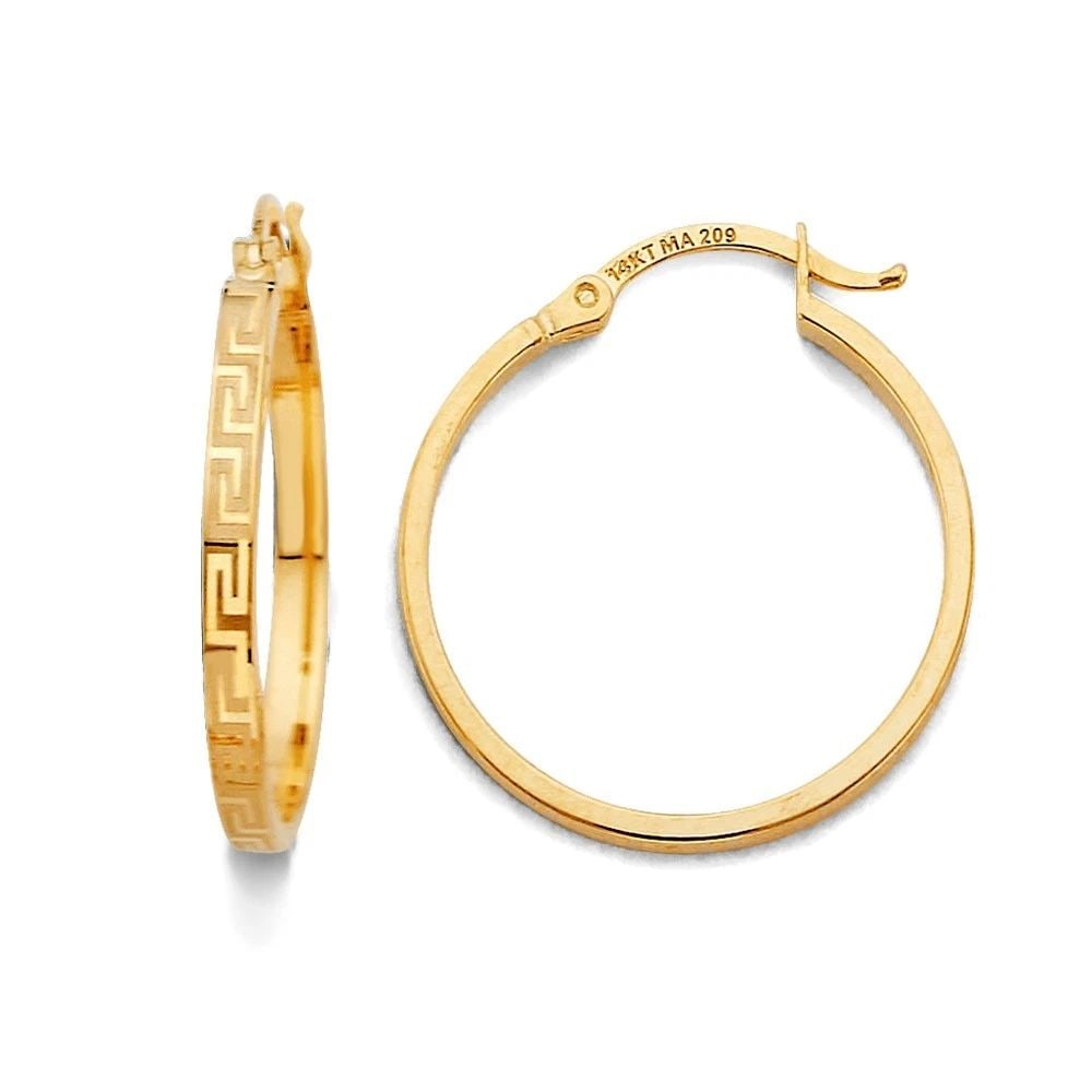 NEW 14K YELLOW GOLD GREEK DESIGN HOOP EARRINGS: NEW 14K YELLOW GOLD GREEK DESIGN HOOP EARRINGS GREEK DESIGN HOOP EARRINGS NEW 14K YELLOW GOLD HEIGHT - 20 mm WIDTH - 20 mm Apx WEIGHT - 1.6 g