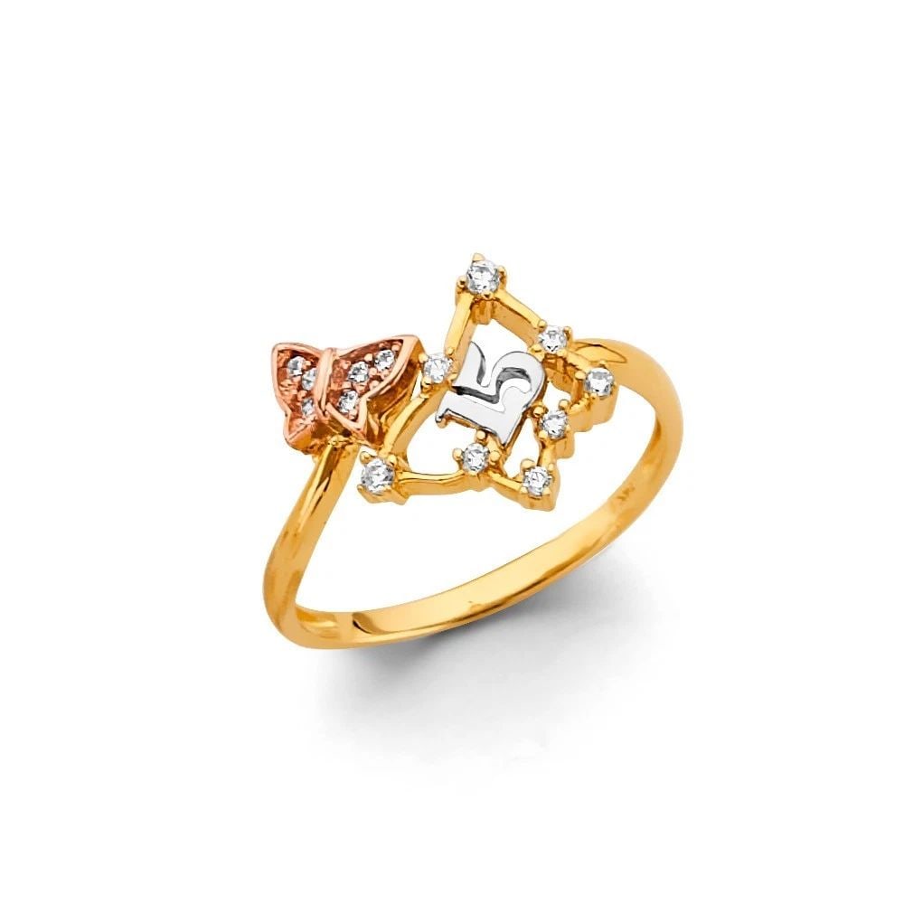 NEW 14K TRI COLOR GOLD BUTTERFLY 15 YEARS RING: NEW 14K TRI COLOR GOLD BUTTERFLY 15 YEARS RING BUTTERFLY 15 YEARS RING NEW 14K TRI COLOR GOLD WIDTH : WEIGHT : 2.2g