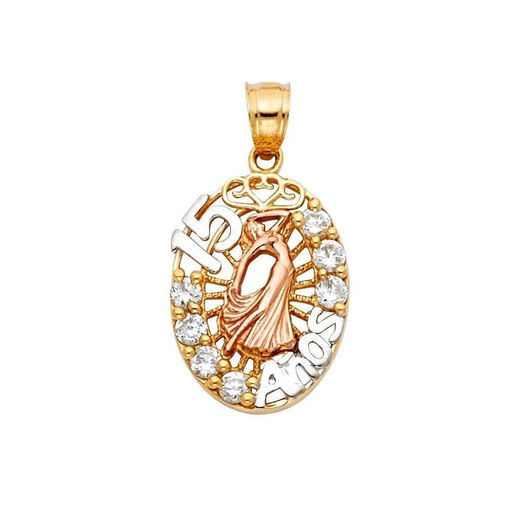 NEW 14K TRI COLOR GOLD 15 YEARS PENDANT: NEW 14K TRI COLOR GOLD 15 YEARS PENDANT 15 YEARS PENDANT NEW 14K TRI COLOR GOLD Height : 20 mm Width : 15 mm Apx. WEIGHT : 2.1g