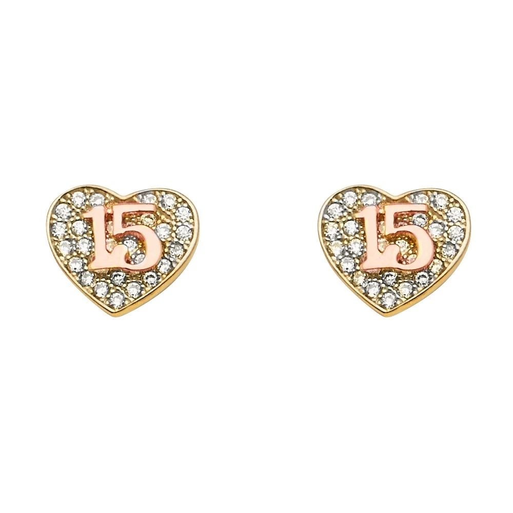 NEW 14K TWO TONE GOLD 15 YEARS HEART EARRINGS WITH PUSH BACK: NEW 14K TWO TONE GOLD 15 YEARS HEART EARRINGS WITH PUSH BACK 15 YEARS HEART EARRINGS WITH PUSH BACK NEW 14K TWO TONE GOLD Height : 8 mm Width : 9 mm Weight : 1.6g