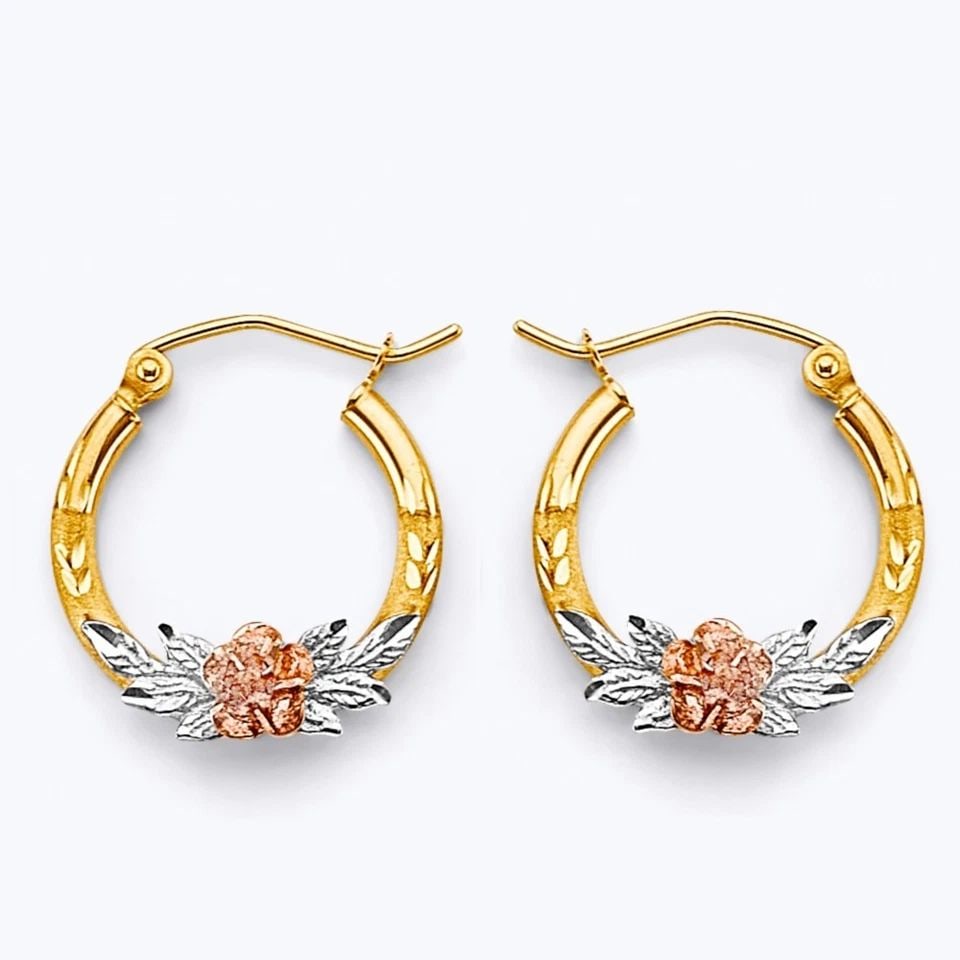 NEW 14K TRI COLOR GOLD FLOWER HOOP EARRINGS (1 of 1)