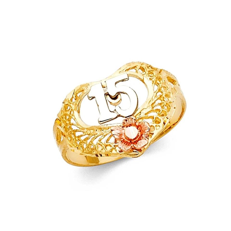 NEW 14K TRI COLOR GOLD 15 YEARS RING: NEW 14K TRI COLOR GOLD 15 YEARS RING 15 YEARS RING NEW 14K TRI COLOR GOLD WIDTH : 12 mm WEIGHT : 2.1g