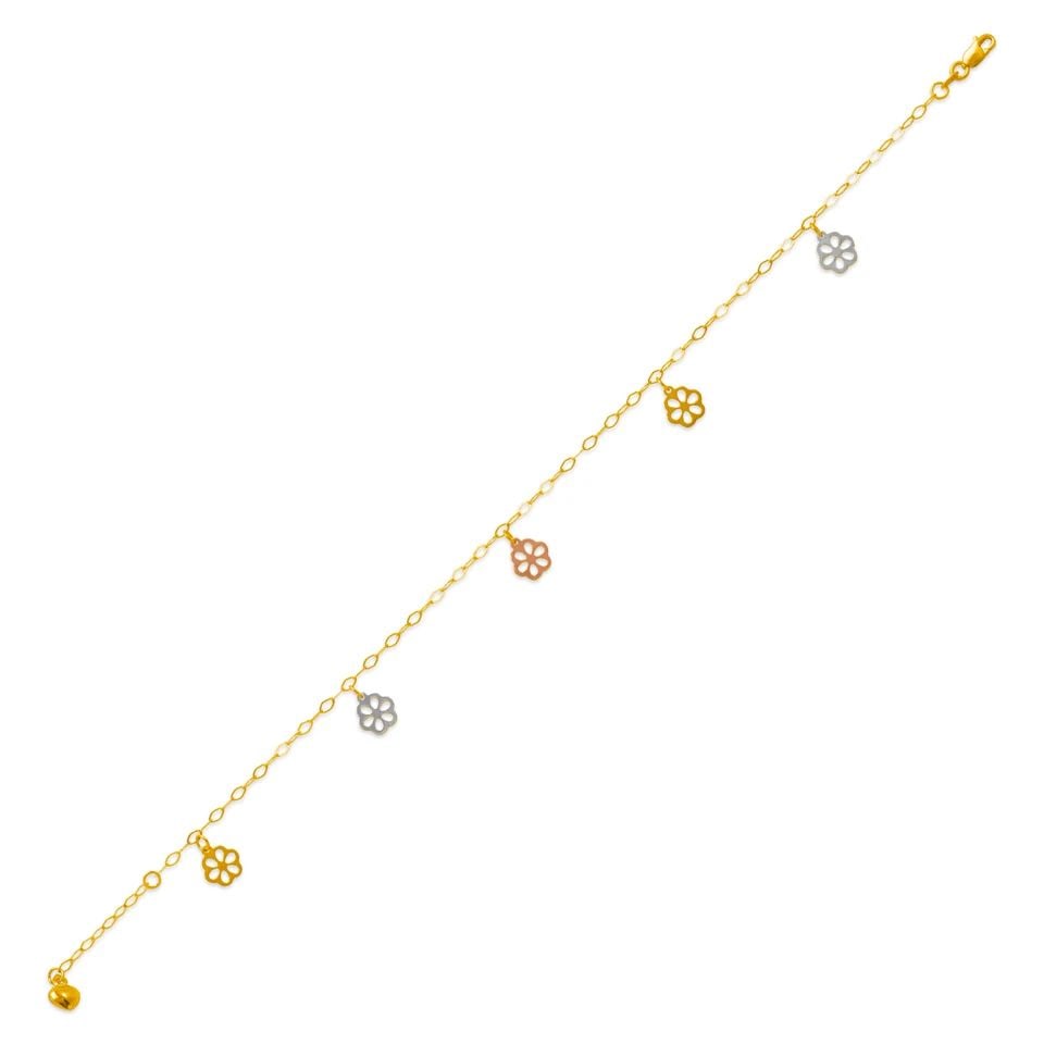 NEW 14K TRICOLOR GOLD CHARM ANKLET: NEW 14K TRICOLOR GOLD CHARM ANKLET CHARM ANKLET NEW 14K TRICOLOR GOLD LENGTH: 10" inch Apx WEIGHT: 2.1g