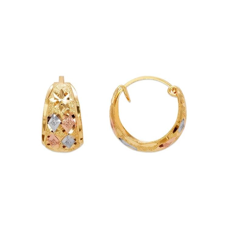 NEW 14K TRICOLOR GOLD D/C HUGGIE EARRINGS: NEW 14K TRICOLOR GOLD D/C HUGGIE EARRINGS D/C HUGGIE EARRINGS NEW 14K TRICOLOR GOLD Width: Approx. 8x15mm Apx WEIGHT: 2.1g