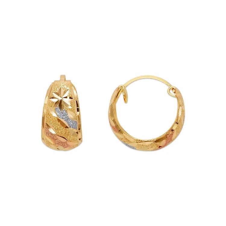 NEW 14K TRICOLOR GOLD D/C HUGGIE EARRINGS: NEW 14K TRICOLOR GOLD D/C HUGGIE EARRINGS D/C HUGGIE EARRINGS NEW 14K TRICOLOR GOLD Width: Approx. 8x15mm Apx WEIGHT: 2.1g