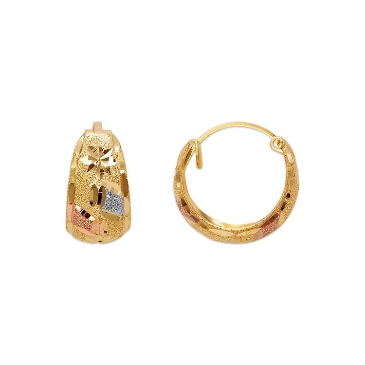 NEW 14K TRICOLOR GOLD D/C HUGGIE EARRINGS: NEW 14K TRICOLOR GOLD D/C HUGGIE EARRINGS D/C HUGGIE EARRINGS NEW 14K TRICOLOR GOLD Width: Approx. 8x15mm Apx WEIGHT: 2.1g