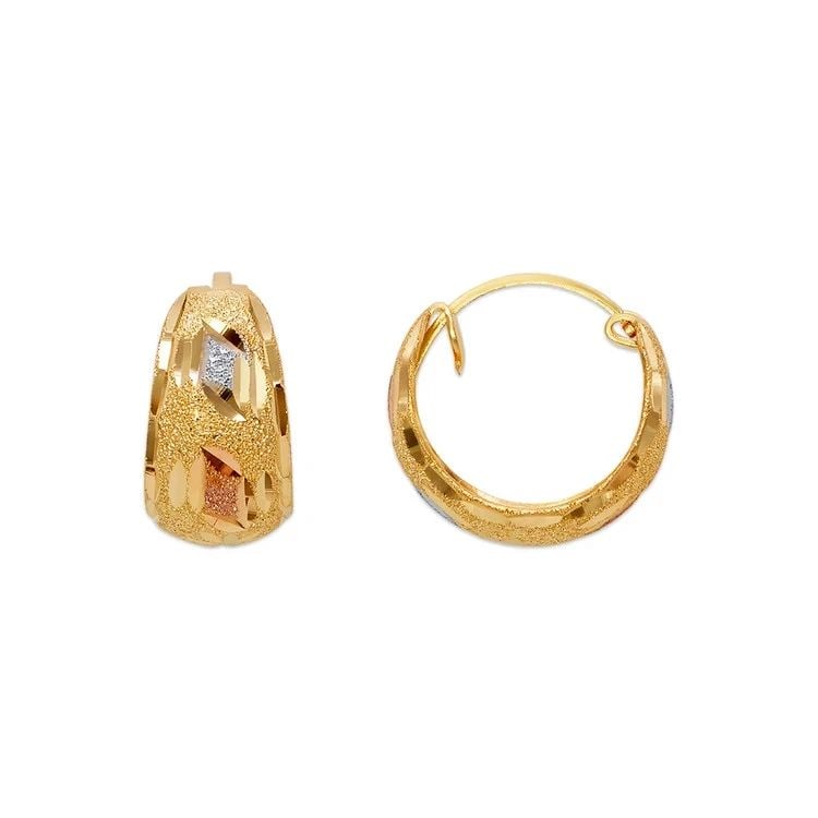 NEW 14K TRICOLOR GOLD D/C HUGGIE EARRINGS: NEW 14K TRICOLOR GOLD D/C HUGGIE EARRINGS D/C HUGGIE EARRINGS NEW 14K TRICOLOR GOLD Width: Approx. 8x15mm Apx WEIGHT: 2.1g