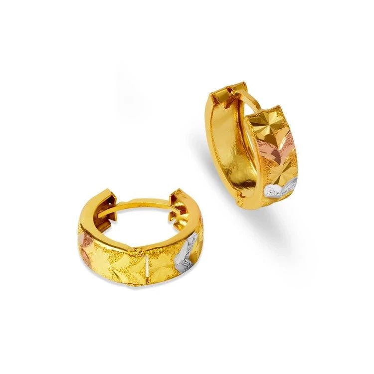 NEW 14K TRICOLOR GOLD D/C HUGGIE EARRINGS: NEW 14K TRICOLOR GOLD D/C HUGGIE EARRINGS D/C HUGGIE EARRINGS NEW 14K TRICOLOR GOLD Width: Approx. 5x15mm Apx WEIGHT: 2.1g