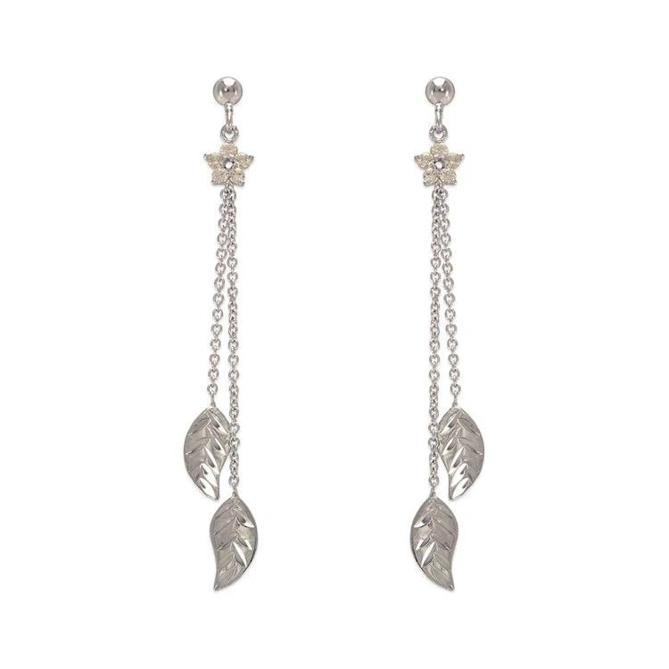 NEW 14K WHITE GOLD FANCY DOUBLE LEAF DANGLING EARRINGS (1 of 1)