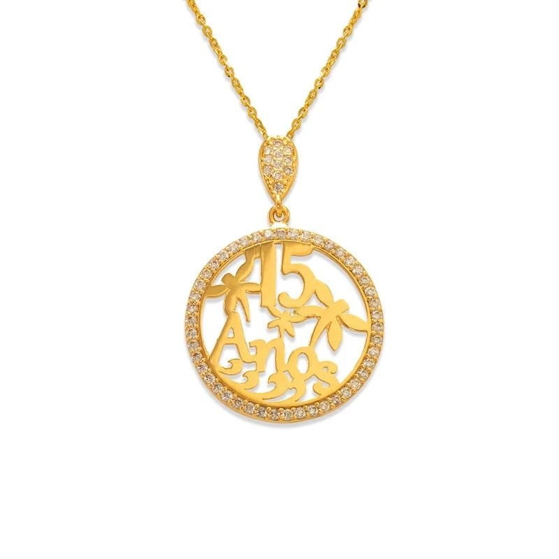 NEW 14K YELLOW GOLD FANCY 15 ANOS CIRCLE PENDANT: NEW 14K YELLOW GOLD FANCY 15 ANOS CIRCLE PENDANT FANCY 15 ANOS CIRCLE PENDANT NEW 14K YELLOW GOLD Apx. WIDTH: 21x31mm Apx WEIGHT: 2.1g