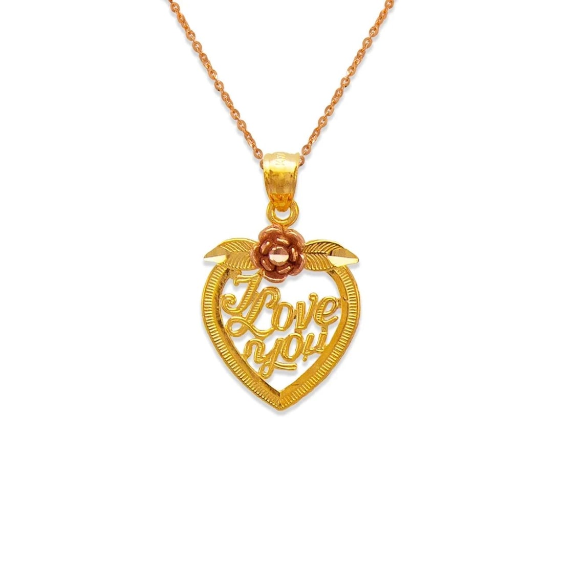 NEW 14K TWO TONE GOLD I LOVE YOU ROSE HEART PENDANT: NEW 14K TWO TONE GOLD I LOVE YOU ROSE HEART PENDANT I LOVE YOU ROSE HEART PENDANT NEW 14K TWO TONE GOLD Apx. WIDTH: 16x18mm Apx WEIGHT: 2.1g