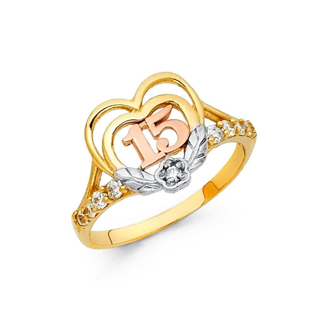 NEW 14K TRI COLOR GOLD 15 YEARS RING: NEW 14K TRI COLOR GOLD 15 YEARS RING 15 YEARS RING NEW 14K TRI COLOR GOLD WIDTH: 12 mm Apx. WEIGHT: 2.1g
