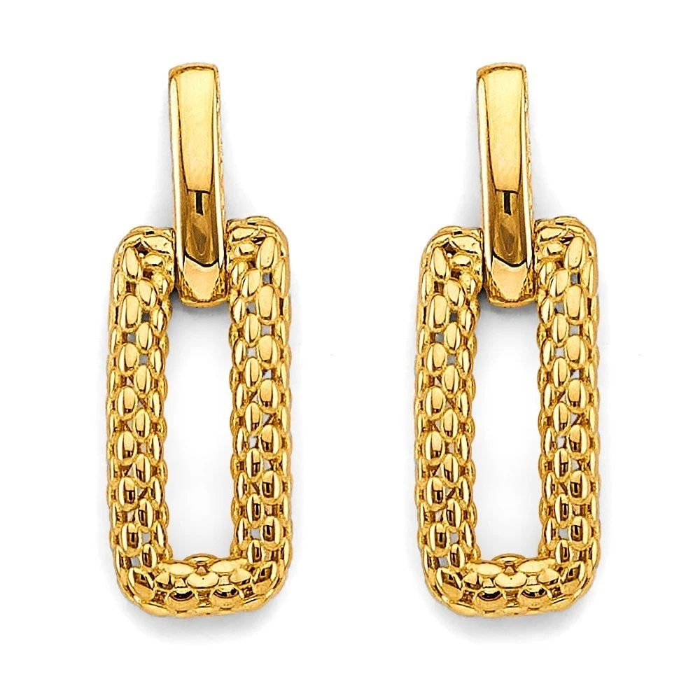 NEW 14K YELLOW GOLD FANCY MESH DESIGN PENDANT: NEW 14K YELLOW GOLD FANCY MESH DESIGN PENDANT FANCY MESH DESIGN PENDANT NEW 14K YELLOW GOLD Height : 33 mm Width : 10 mm Apx. WEIGHT : 2g