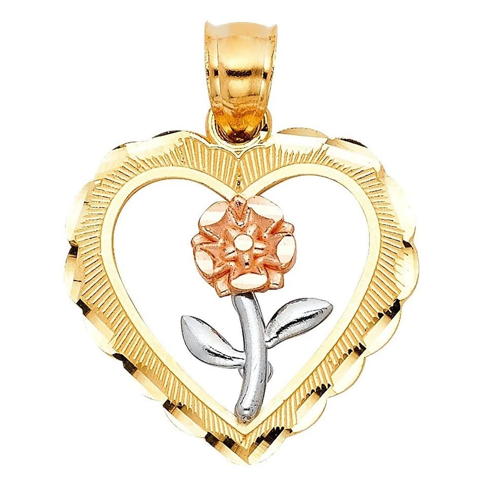 NEW 14K TRI COLOR GOLD HEART WITH ROSE PENDANT (1 of 1)