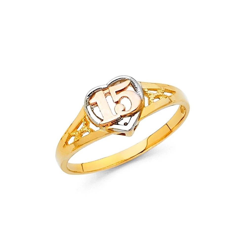 NEW 14K TRI COLOR GOLD 15 YEARS RING -SIZE 7: NEW 14K TRI COLOR GOLD 15 YEARS RING 15 YEARS RING NEW 14K TRI COLOR GOLD WIDTH: 8 mm Average Apx. WEIGHT: 2g