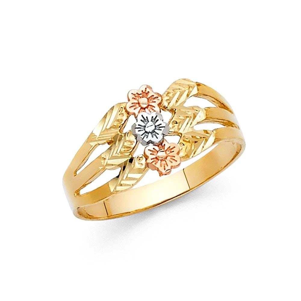 NEW 14K TRI COLOR GOLD FANCY FLOWER RING - SIZE 7: NEW 14K TRI COLOR GOLD FANCY FLOWER RING FANCY FLOWER RING NEW 14K TRI COLOR GOLD WIDTH : 10 mm Average Apx. WEIGHT : 2g