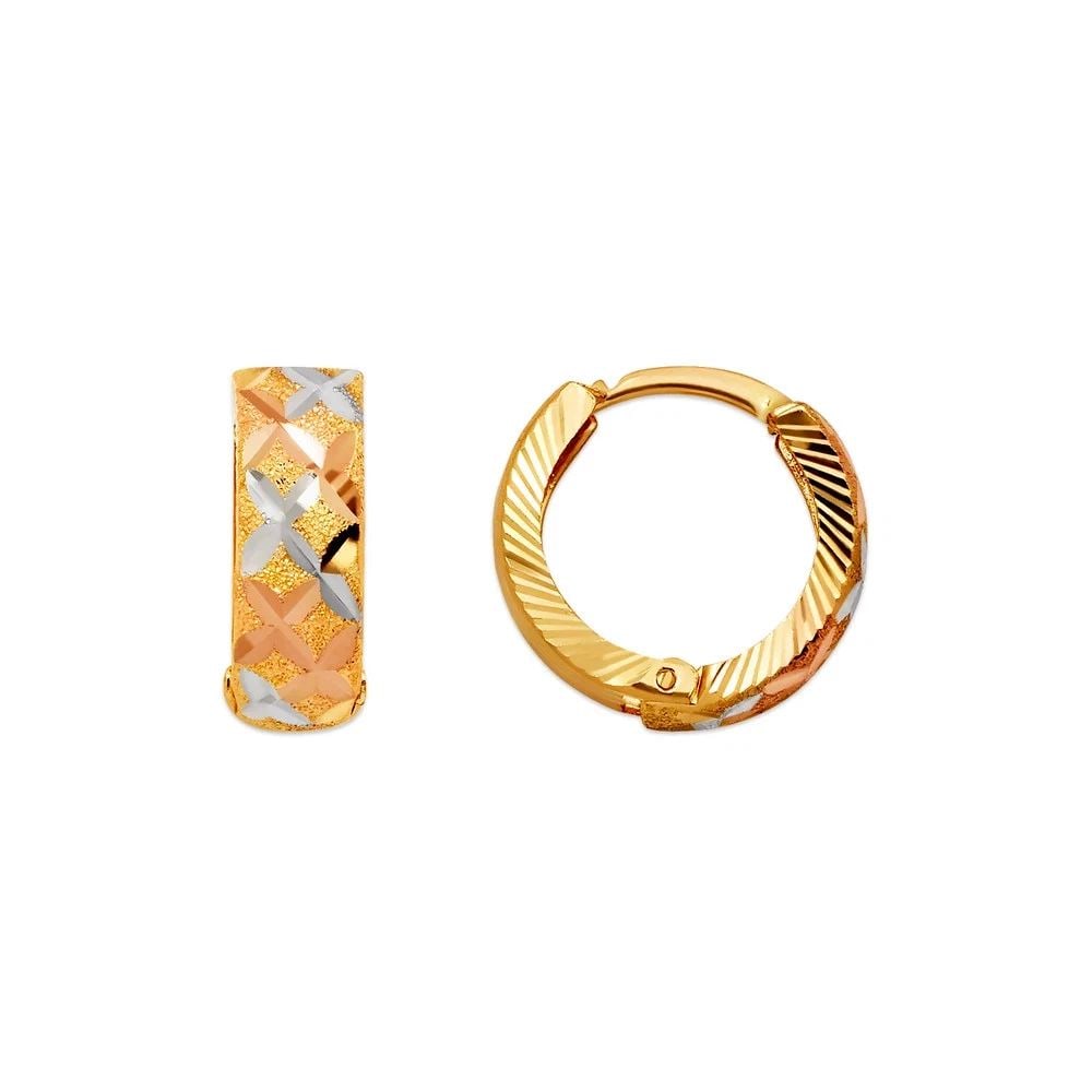 NEW 14K TRICOLOR GOLD D/C HUGGIE EARRINGS: NEW 14K TRICOLOR GOLD D/C HUGGIE EARRINGS D/C HUGGIE EARRINGS NEW 14K TRICOLOR GOLD Width: Approx. 5x15mm Apx WEIGHT: 2g