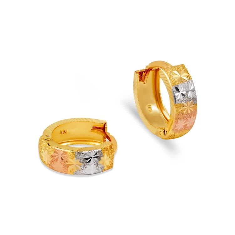 NEW 14K TRICOLOR GOLD D/C HUGGIE EARRINGS: NEW 14K TRICOLOR GOLD D/C HUGGIE EARRINGS D/C HUGGIE EARRINGS NEW 14K TRICOLOR GOLD Width: Approx. 5x15mm Apx WEIGHT: 2g