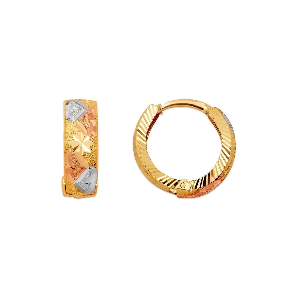 NEW 14K TRICOLOR GOLD D/C HUGGIE EARRINGS: NEW 14K TRICOLOR GOLD D/C HUGGIE EARRINGS D/C HUGGIE EARRINGS NEW 14K TRICOLOR GOLD Width: Approx. 5x15mm Apx WEIGHT: 2g