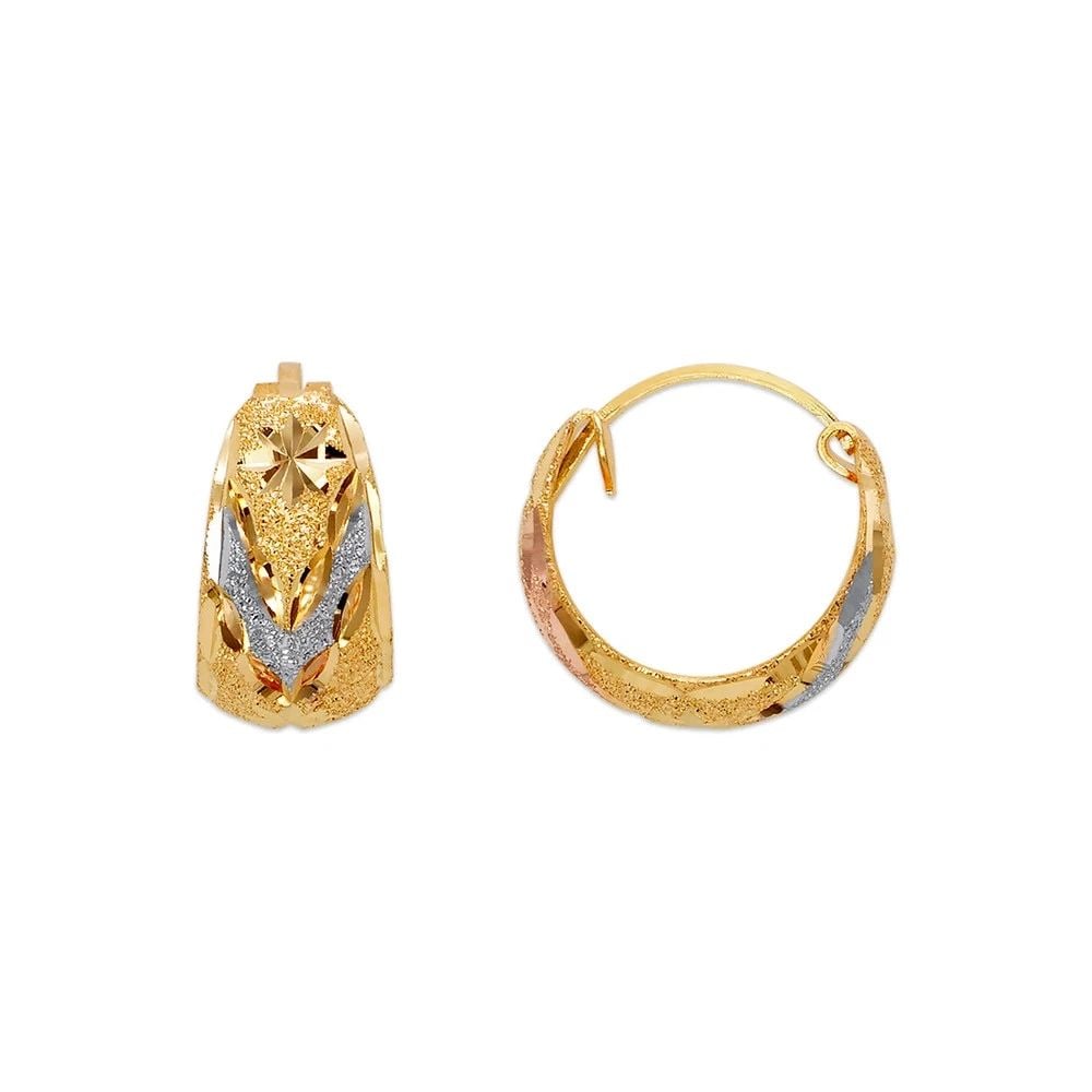 NEW 14K TRICOLOR GOLD D/C HUGGIE EARRINGS: NEW 14K TRICOLOR GOLD D/C HUGGIE EARRINGS D/C HUGGIE EARRINGS NEW 14K TRICOLOR GOLD Width: Approx. 8x15mm Apx WEIGHT: 2g
