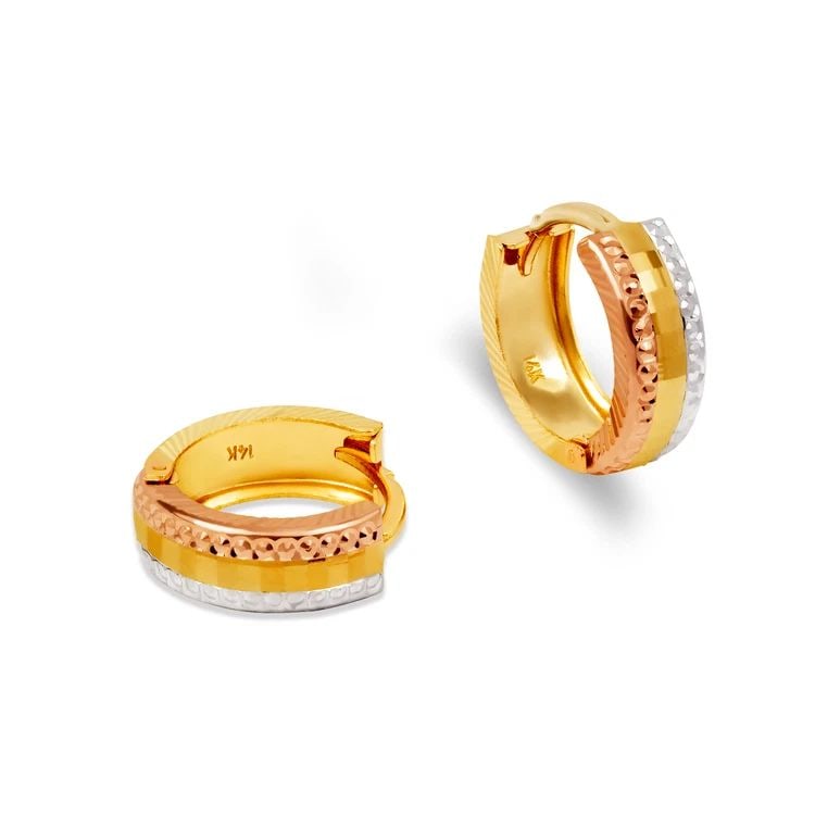 NEW 14K TRICOLOR GOLD D/C HUGGIE EARRINGS: NEW 14K TRICOLOR GOLD D/C HUGGIE EARRINGS D/C HUGGIE EARRINGS NEW 14K TRICOLOR GOLD Width: Approx. 5x15mm Apx WEIGHT: 2g