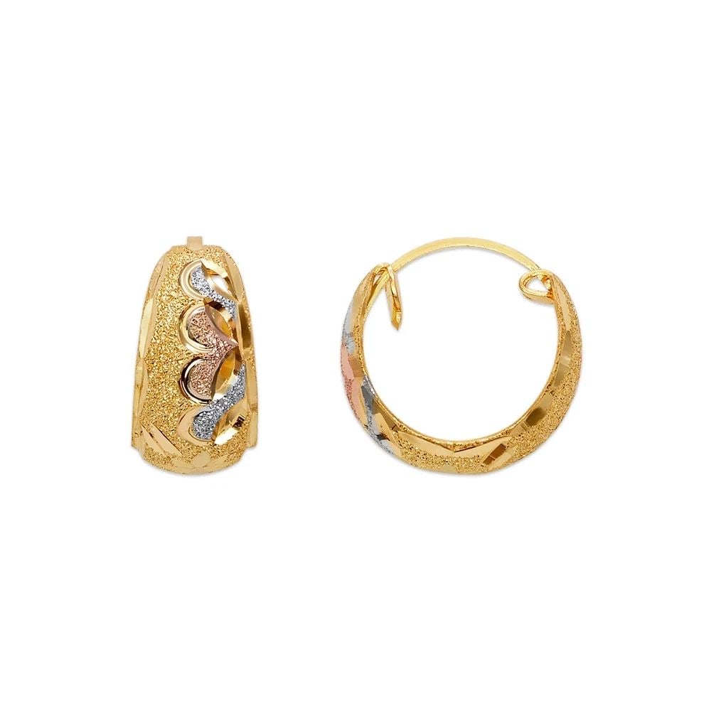 NEW 14K TRICOLOR GOLD D/C HUGGIE EARRINGS: NEW 14K TRICOLOR GOLD D/C HUGGIE EARRINGS D/C HUGGIE EARRINGS NEW 14K TRICOLOR GOLD Width: Approx. 8x15mm Apx WEIGHT: 2g