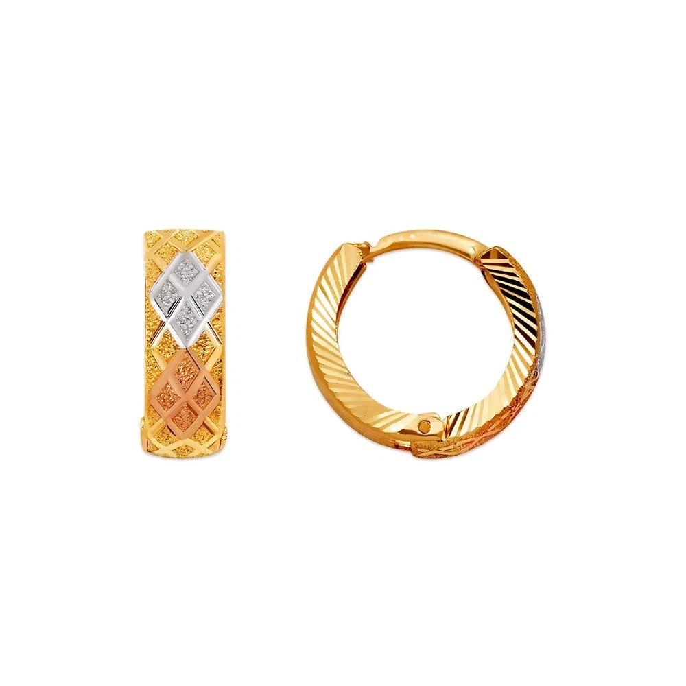 NEW 14K TRICOLOR GOLD D/C HUGGIE EARRINGS: NEW 14K TRICOLOR GOLD D/C HUGGIE EARRINGS D/C HUGGIE EARRINGS NEW 14K TRICOLOR GOLD Width: Approx. 5x15mm Apx WEIGHT: 2g