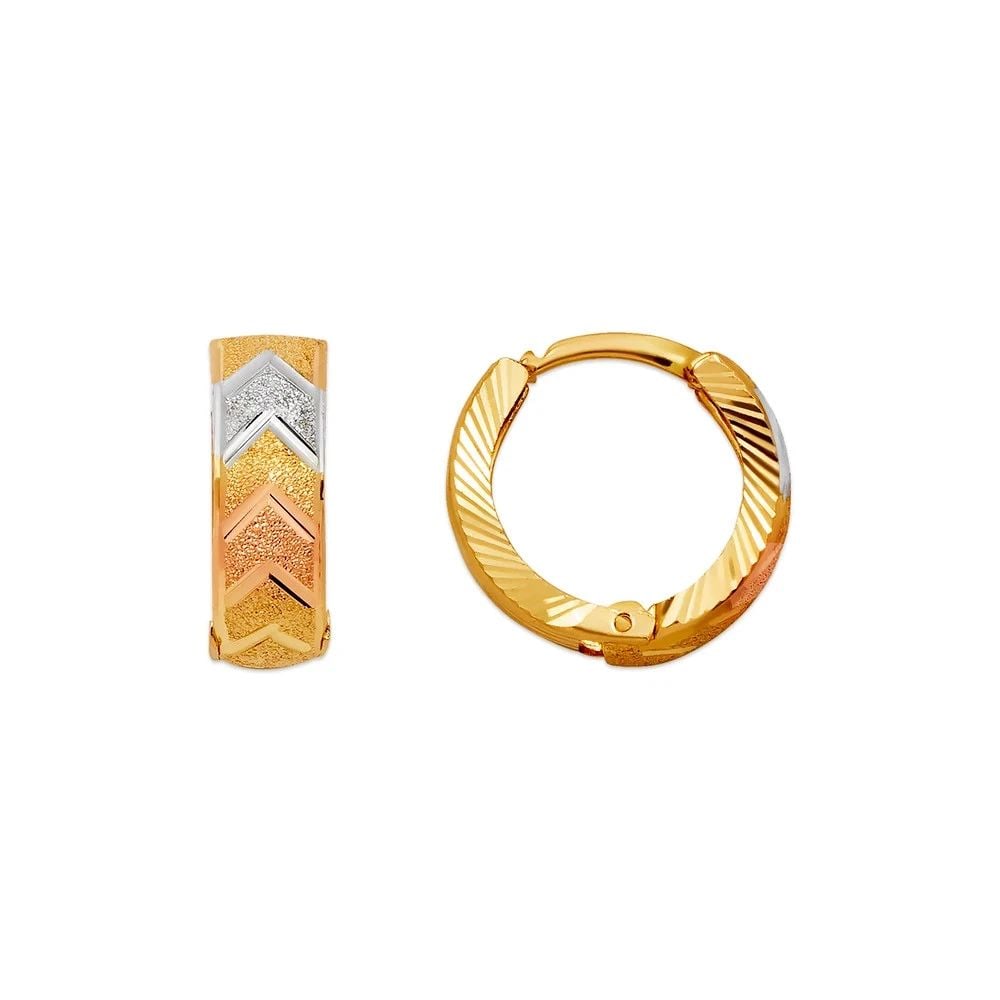 NEW 14K TRICOLOR GOLD D/C HUGGIE EARRINGS: NEW 14K TRICOLOR GOLD D/C HUGGIE EARRINGS D/C HUGGIE EARRINGS NEW 14K TRICOLOR GOLD Width: Approx. 5x15mm Apx WEIGHT: 2g