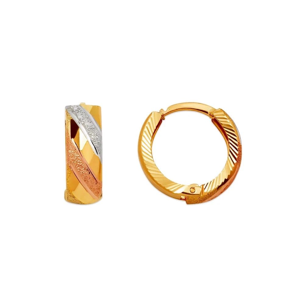 NEW 14K TRICOLOR GOLD D/C HUGGIE EARRINGS: NEW 14K TRICOLOR GOLD D/C HUGGIE EARRINGS D/C HUGGIE EARRINGS NEW 14K TRICOLOR GOLD Width: Approx. 5x15mm Apx WEIGHT: 2g
