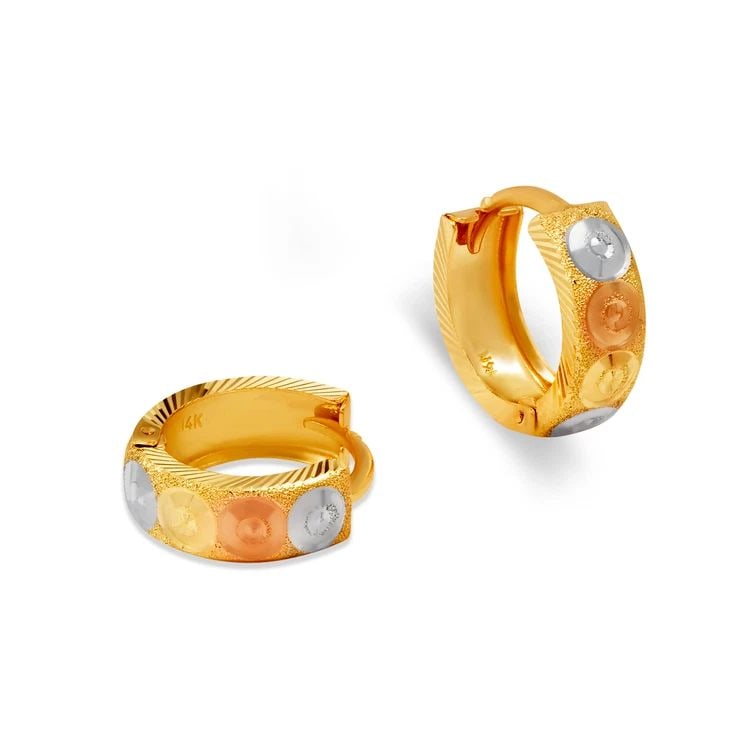 NEW 14K TRICOLOR GOLD D/C HUGGIE EARRINGS: NEW 14K TRICOLOR GOLD D/C HUGGIE EARRINGS D/C HUGGIE EARRINGS NEW 14K TRICOLOR GOLD Width: Approx. 5x15mm Apx WEIGHT: 2g