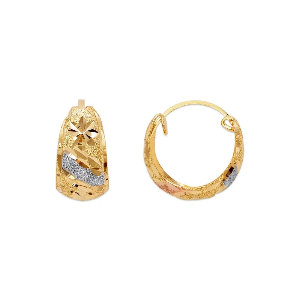 NEW 14K TRICOLOR GOLD D/C HUGGIE EARRINGS: NEW 14K TRICOLOR GOLD D/C HUGGIE EARRINGS D/C HUGGIE EARRINGS NEW 14K TRICOLOR GOLD Width: Approx. 8x15mm Apx WEIGHT: 2g